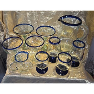 Mexican Hand Blown Glass W/Cobalt Rim 1 Lg Pitcher 1 Sm Pitcher & 8 Glasses
